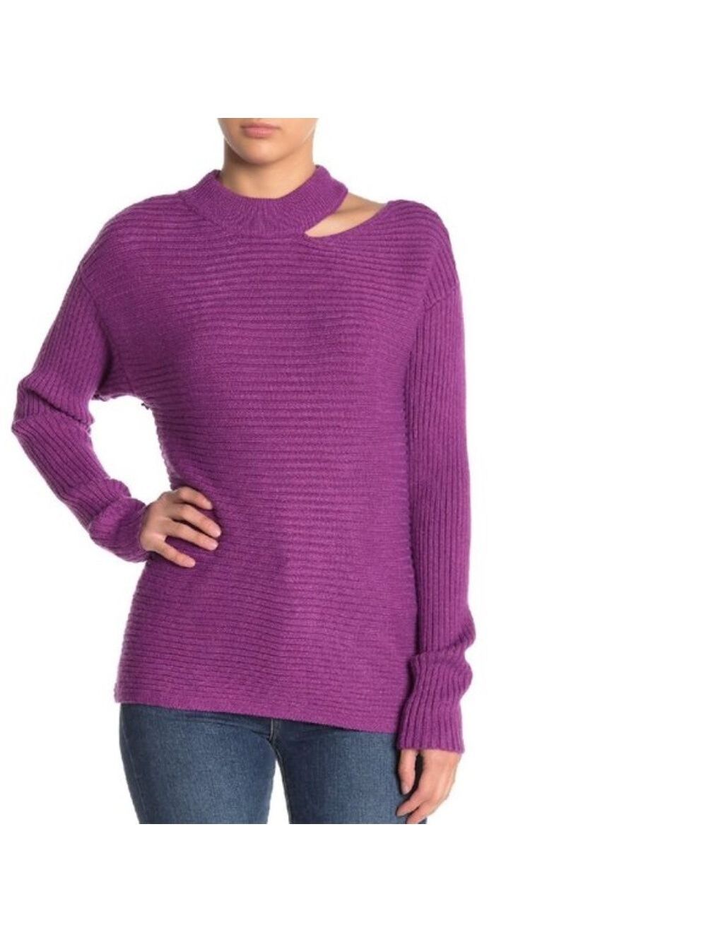 Dee Elly Cutout Shoulder Ribbed Knit Sweater